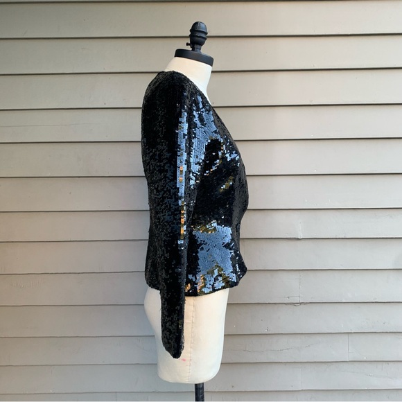 Vintage 80s Black Sequined Silk Peplum Blazer Formal Holiday Jacket Oleg Cassini - Picture 6 of 14